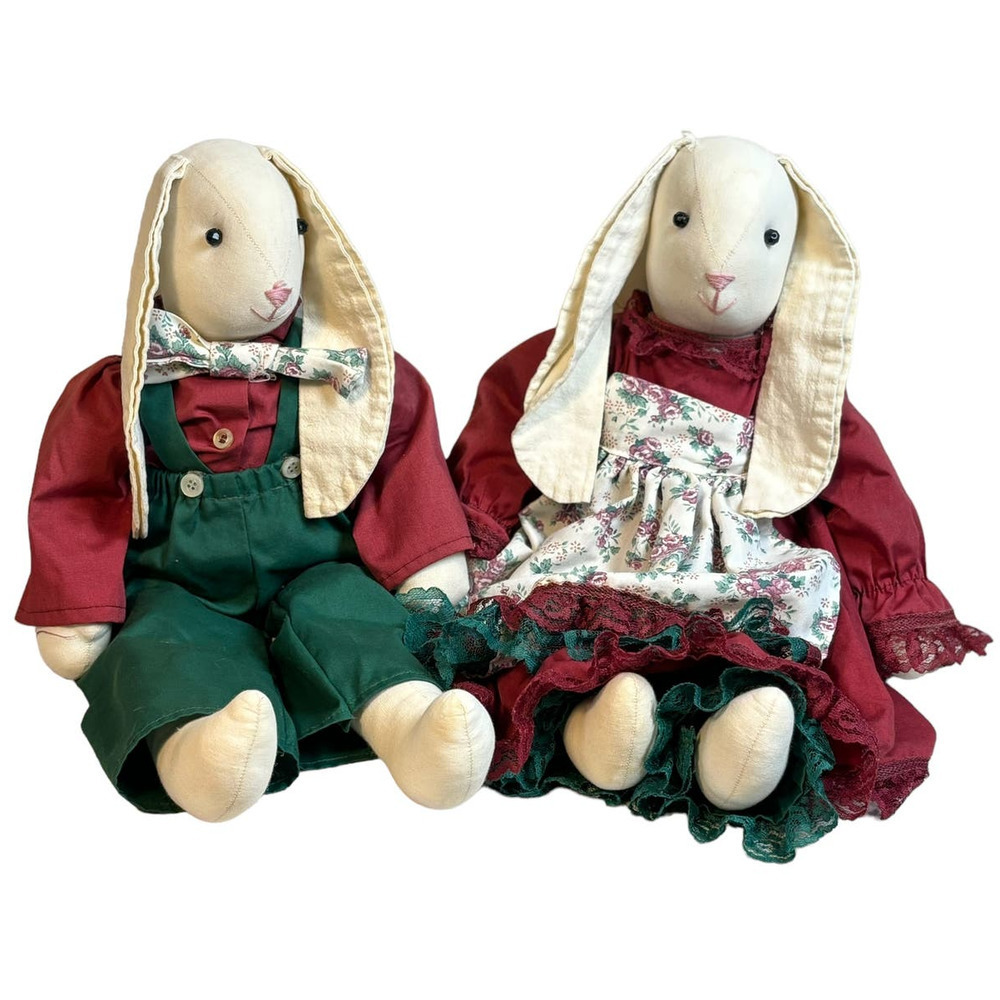 Vintage Bunnies Animals Handmade Primitive Country Cloth Rag Boy and Girl Set